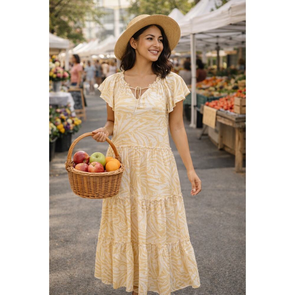 NWT Patrons of Peace Creamy Yellow Cottagecore Tiered Ruffled Maxi Dress Women M
